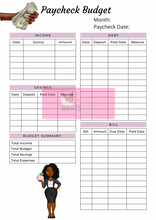 Load image into Gallery viewer, Black Woman Paycheck &amp; Monthly Budget Planner Printable Instant Download
